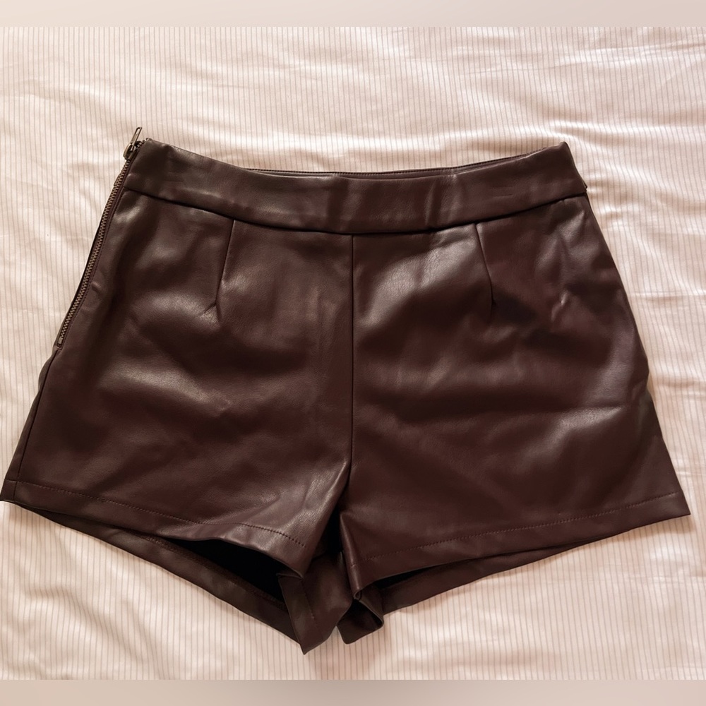 High Waist Brown Leather Shorts with Tailored Design